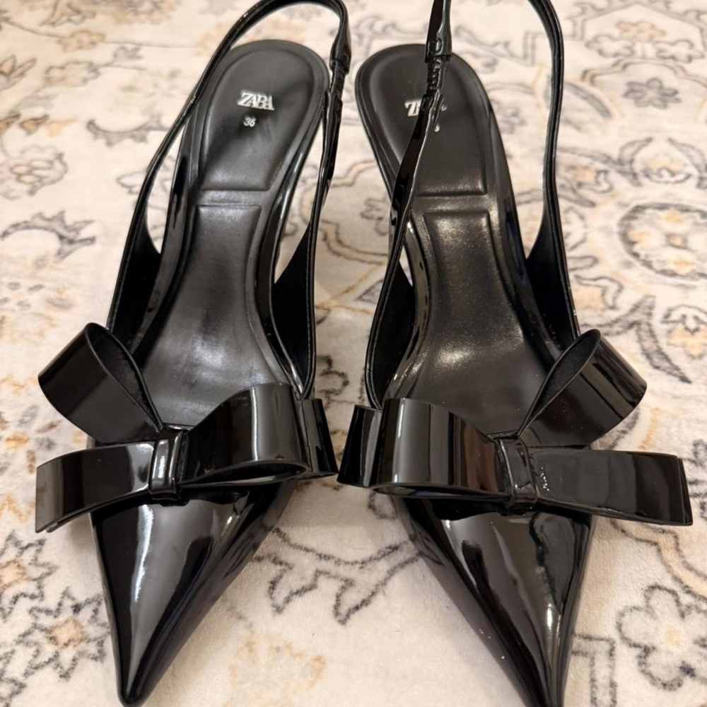 Zara Black Patent Leather Pointed Toe Bow Slingback Heels